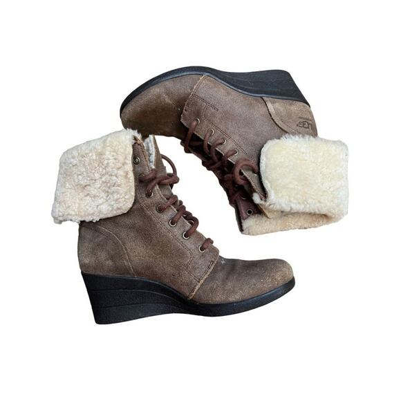 Ugg Australia Womens Zea Brown Leather Waterproof Wedge Boots Size 8 - Picture 3 of 8